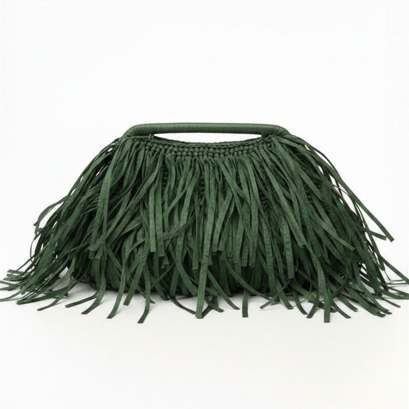 Green Raffia Bag with Fringes