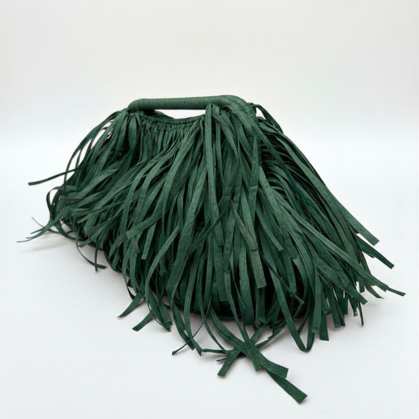 Green Raffia Bag with Fringes