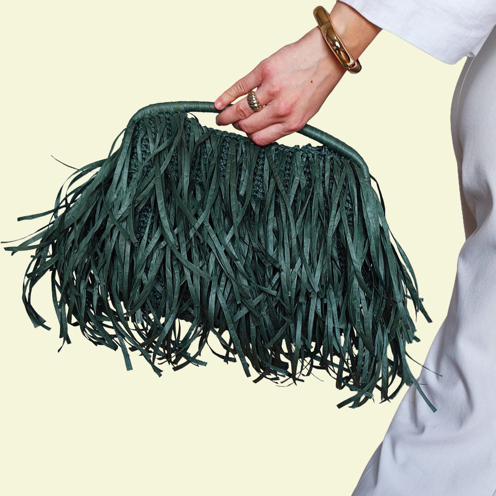 Green Raffia Bag with Fringes